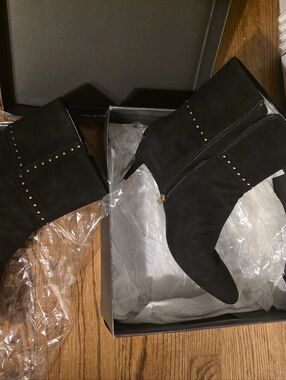 Women's Black Suede Ankle Boots with Gold Stud Accents Size 10M New